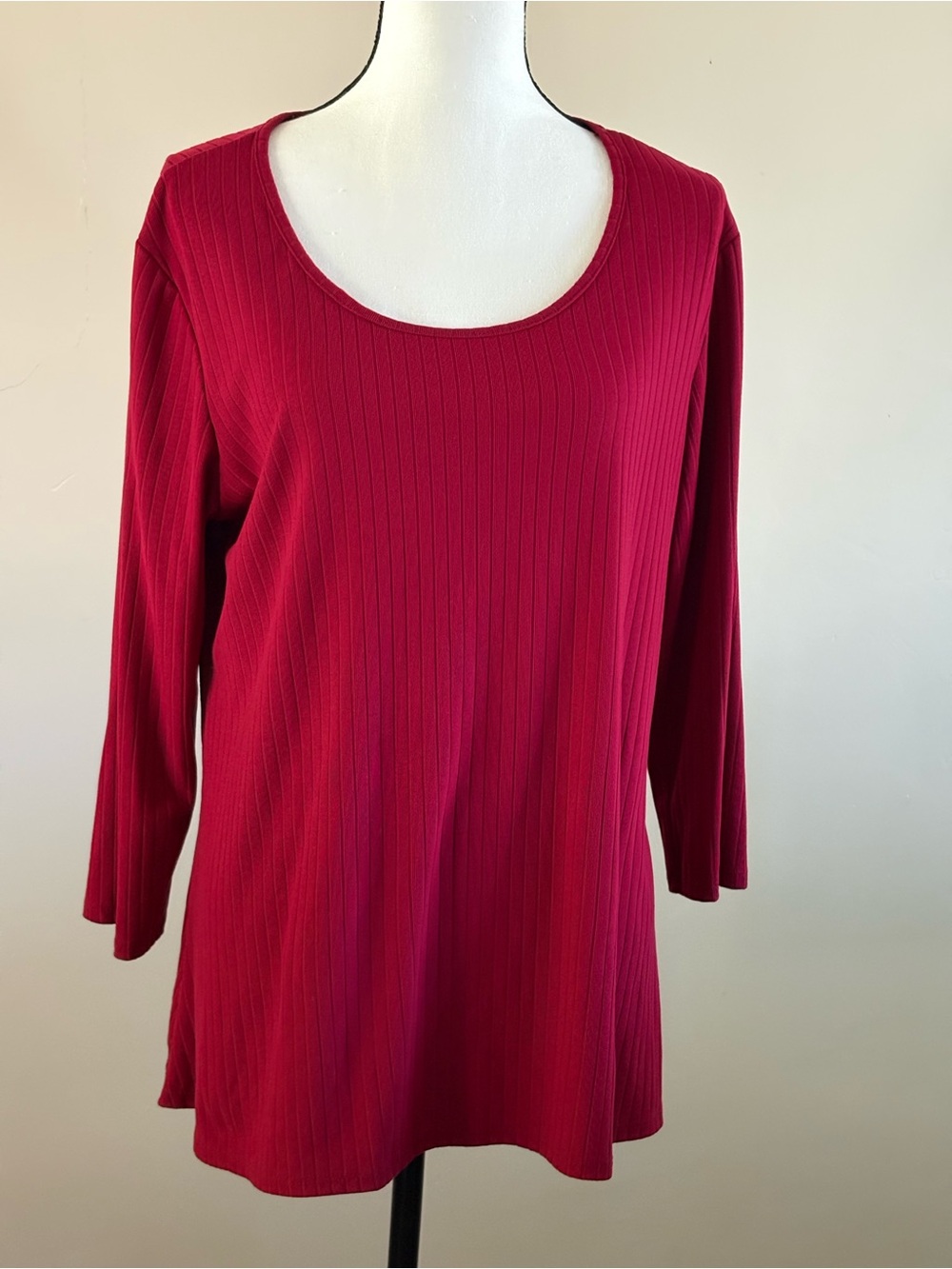 Ribbed Scoop Neck Long Sleeve Top - Berry Red